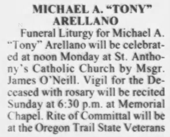 Casoper Star Tribune Arellano, Tony - funerl notice, noon Monday -- clipped from Casper Star Tribune, Fri, 19 Aug 1994, p 14